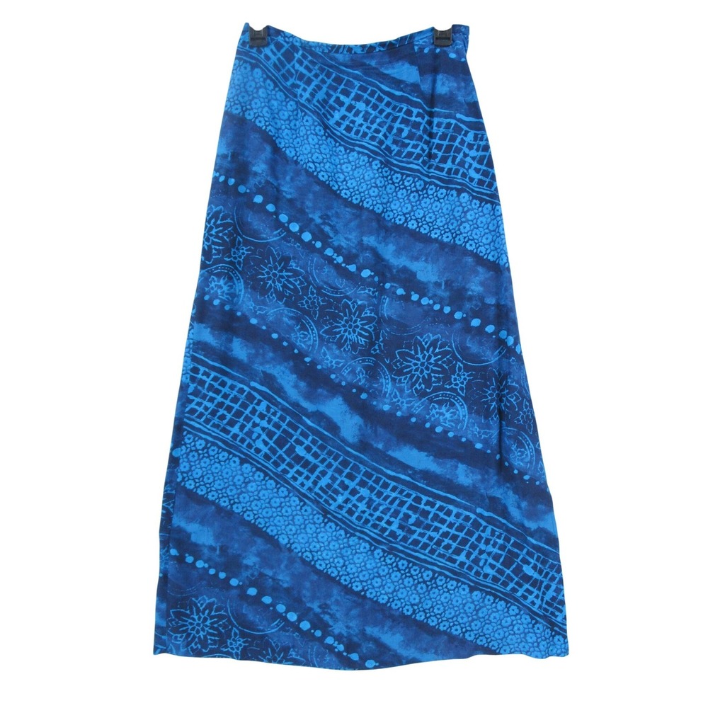 Bice Blue Batik Floral Geometric Print Maxi Skirt Womens Size 6 Rayon Boho